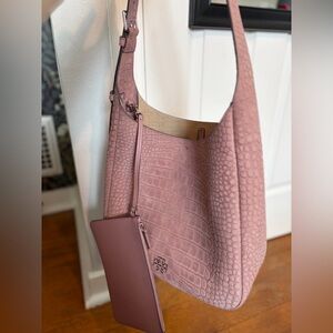 Tory Burch Embossed Thea Genuine Suede Slouchy Shoulder Bag with Pouch. NWT.